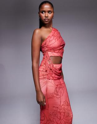 Asos Design Mesh One Shoulder Maxi Dress With Ruched Bodice In Pink