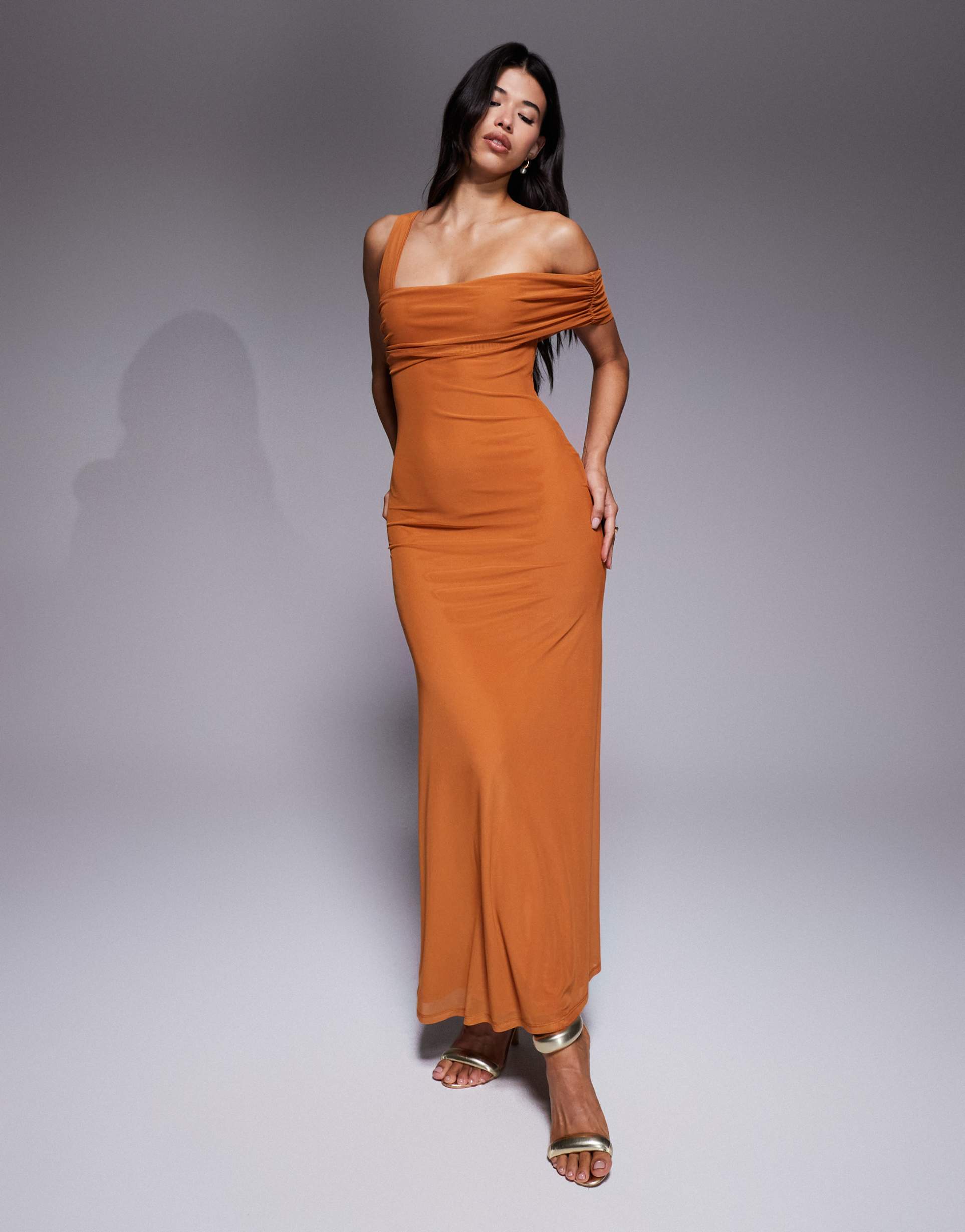asos design mesh one shoulder midi dress in burnt yellow