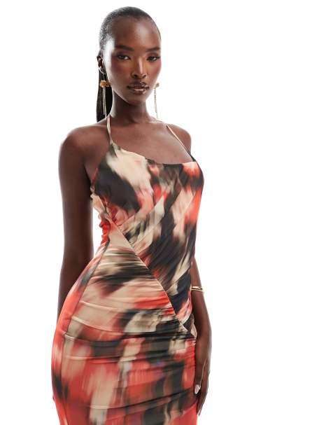 ASOS DESIGN mesh one shoulder ruched midi dress with knot detail in red smudge print - view 1