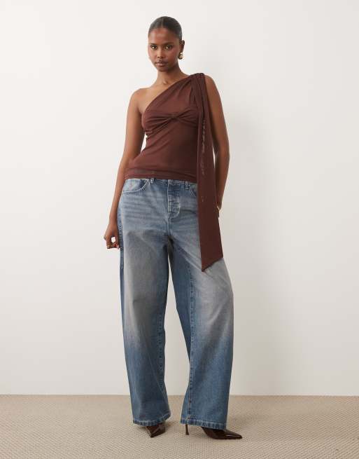 ASOS DESIGN mesh one shoulder sash top with bandeau detail in brown, 3 of 4