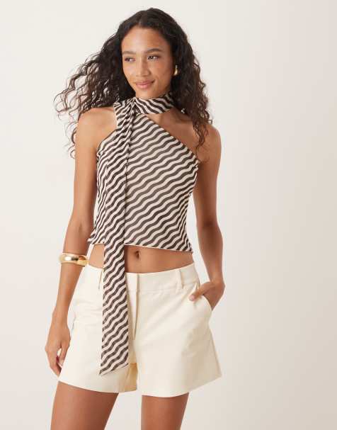 ASOS DESIGN mesh one shoulder scarf detail top in brown and white stripe - view 1
