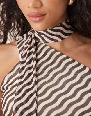 Asos Design Mesh One Shoulder Scarf Detail Top In Brown