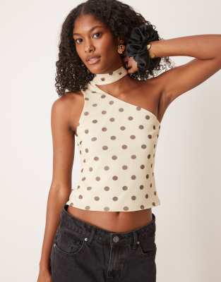 Asos Design Mesh One-shoulder Scarf Detail Top In Neutral
