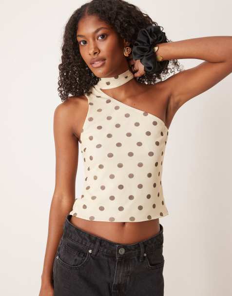 ASOS DESIGN mesh one-shoulder scarf detail top in cream dot print - view 1