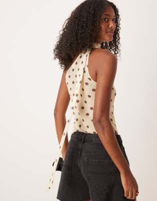 Asos Design Mesh One-shoulder Scarf Detail Top In Neutral