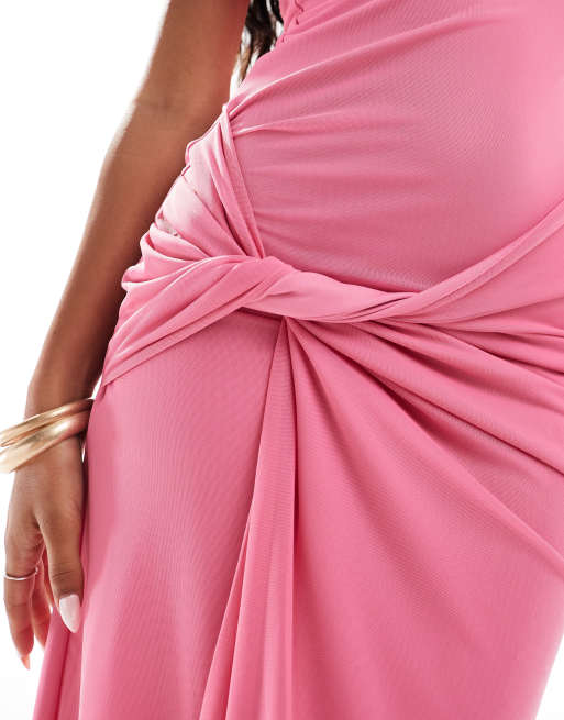 ASOS DESIGN mesh one shoulder tie front midi dress in pink, 4 of 4
