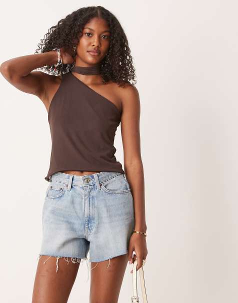 ASOS DESIGN mesh one shoulder top scarf detail top in chocolate - view 1