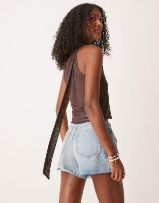 Asos Design Mesh One-shoulder Top Scarf Detail Top In Brown