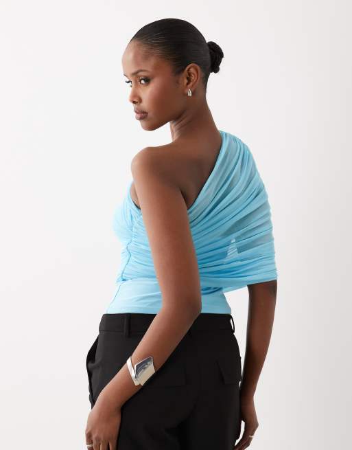 ASOS DESIGN mesh one shoulder top with ruching in blue, 4 of 4