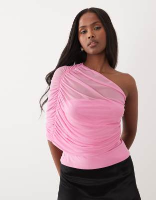 ASOS DESIGN mesh one shoulder top with ruching in pink