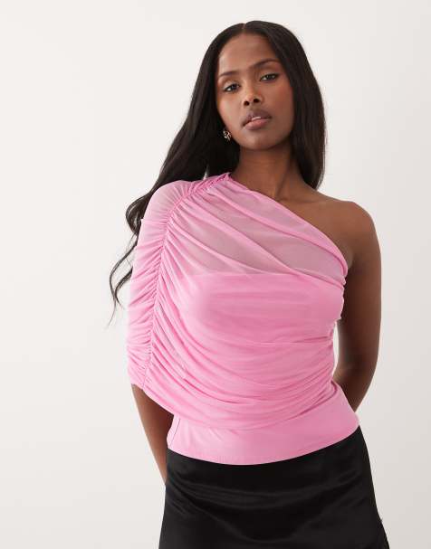ASOS DESIGN mesh one shoulder top with ruching in pink