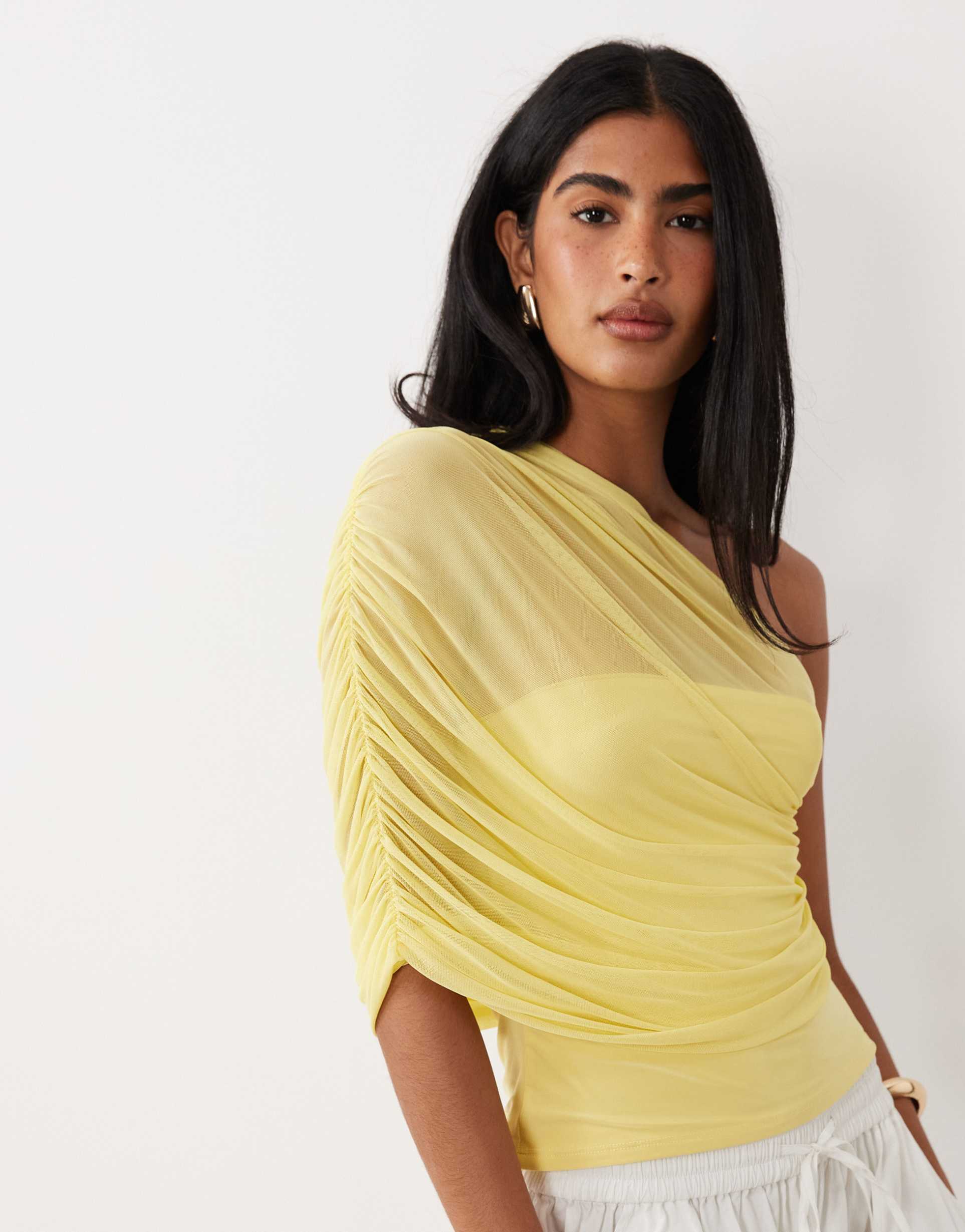 asos design mesh one shoulder top with ruching in yellow
