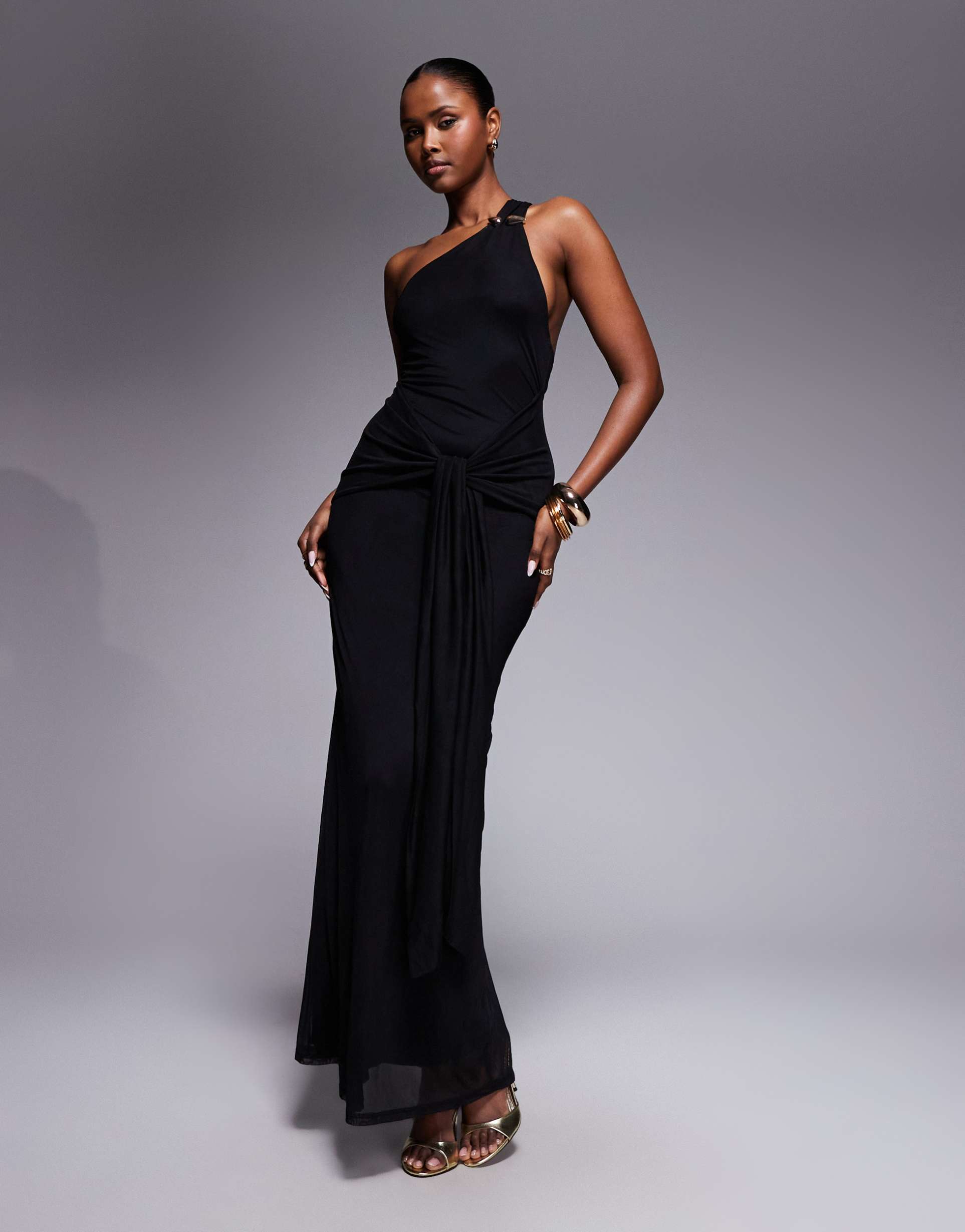 asos design mesh one shoulder trim detail maxi dress with draped tie front in black