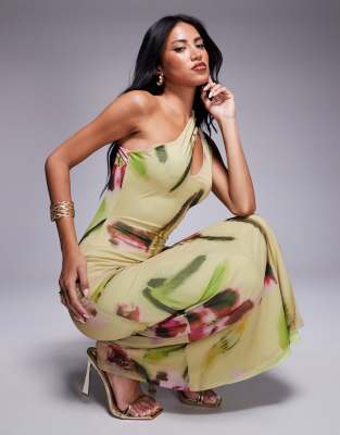 ASOS DESIGN mesh one shoulder with cut out midi dress in floral print - view 1