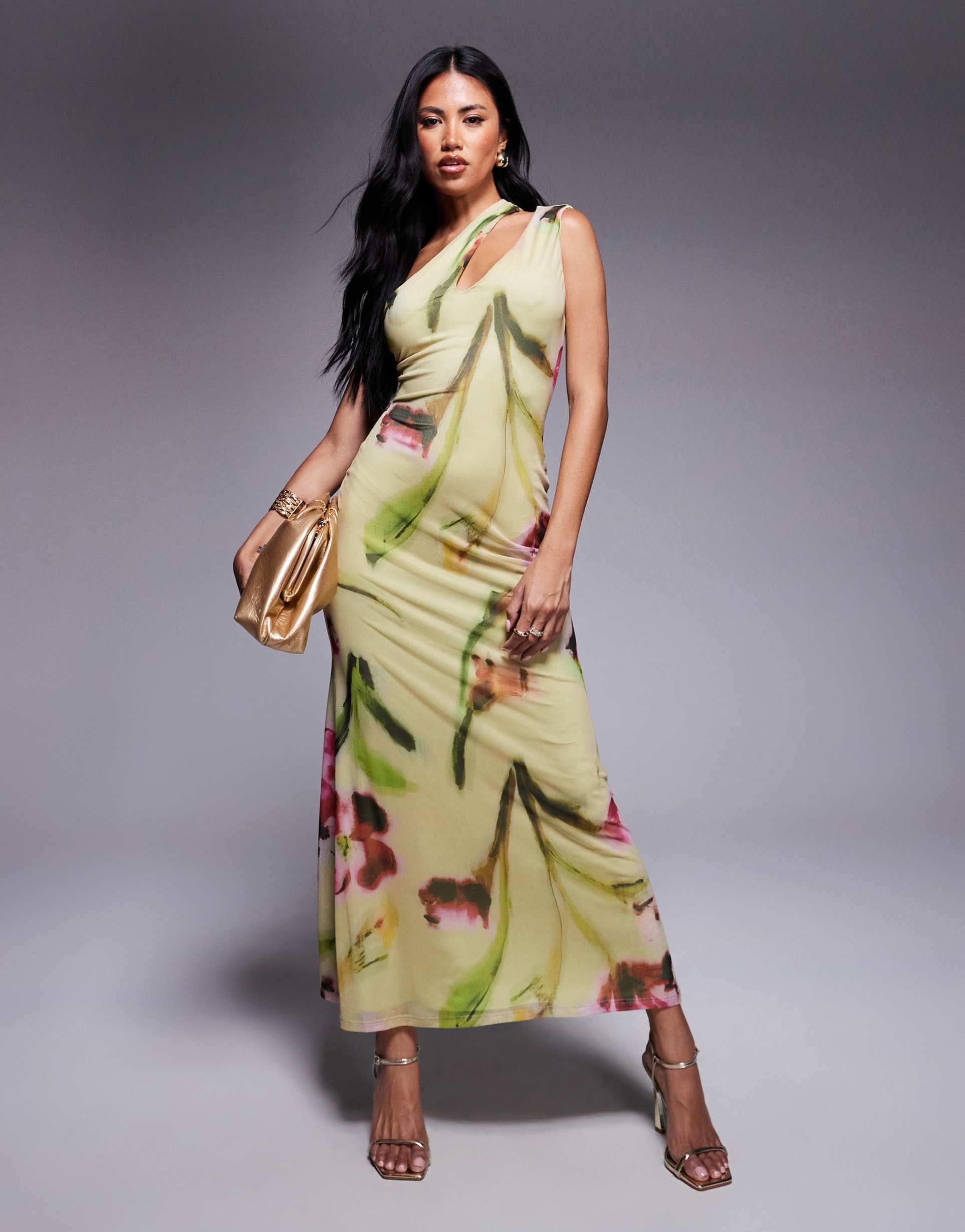 asos design mesh one-shoulder with cut-out midi dress in floral print