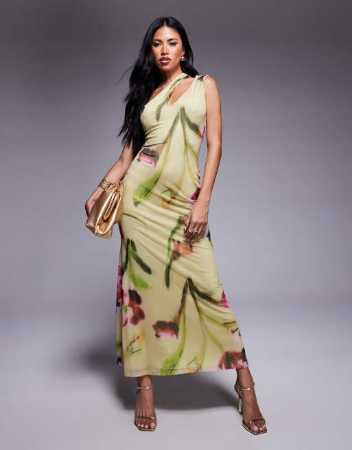 ASOS DESIGN mesh one shoulder with cut out midi dress in floral print