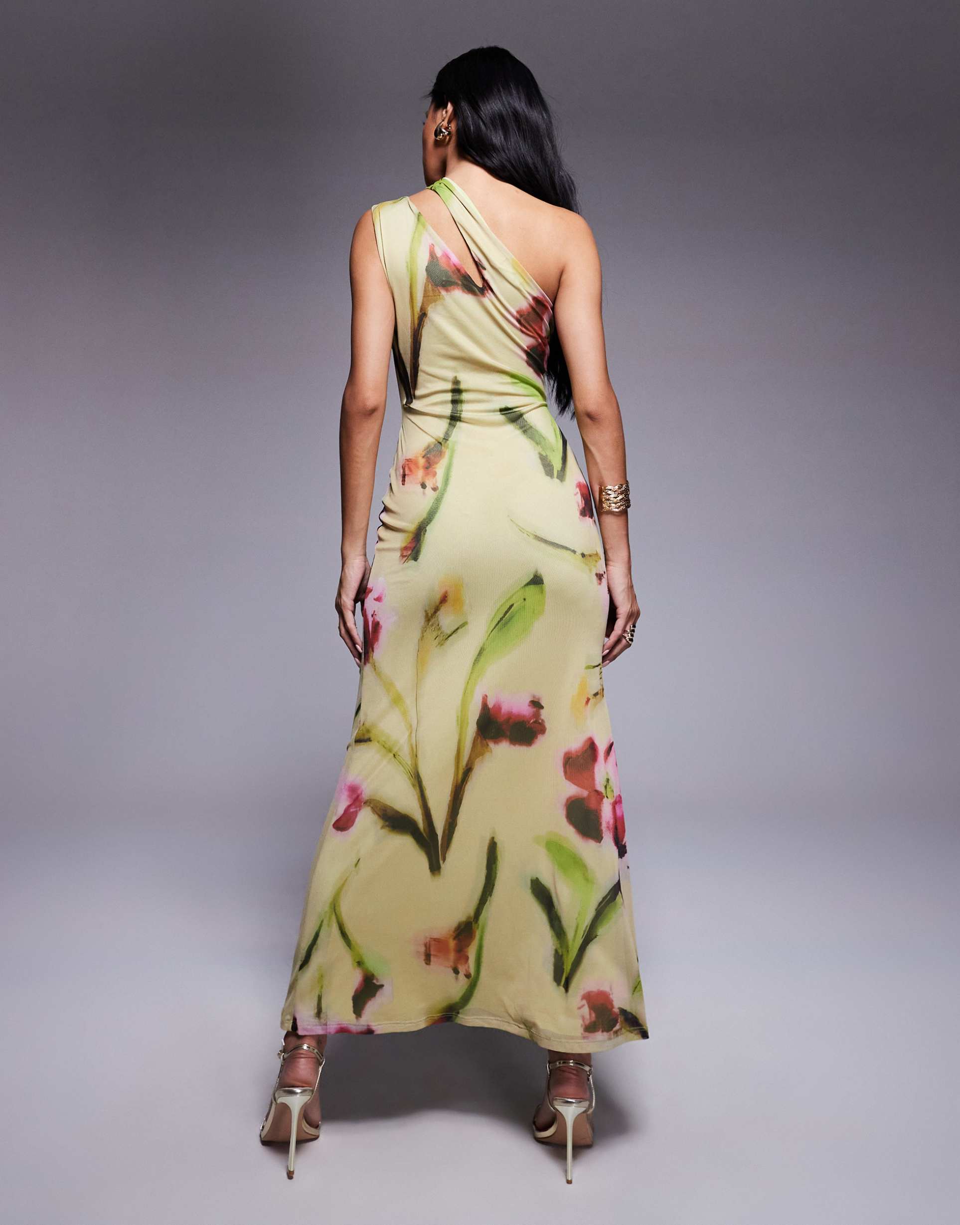 asos design mesh one-shoulder with cut-out midi dress in floral print