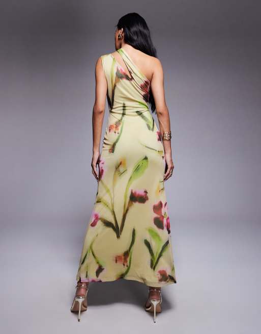 ASOS DESIGN mesh one shoulder with cut out midi dress in floral print