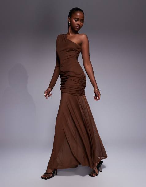 ASOS DESIGN mesh one sleeve gauged detail maxi dress with full skirt in brown - view 1