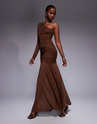 リルアー　drape design dress M-Long brown ASOS DESIGN sculpting jersey high neck drape ruffle maxi
