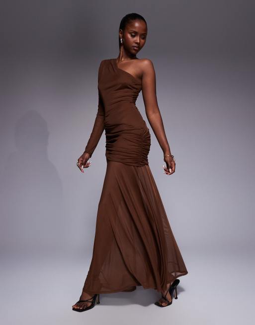 ASOS DESIGN mesh one sleeve gauged detail maxi dress with full skirt in brown