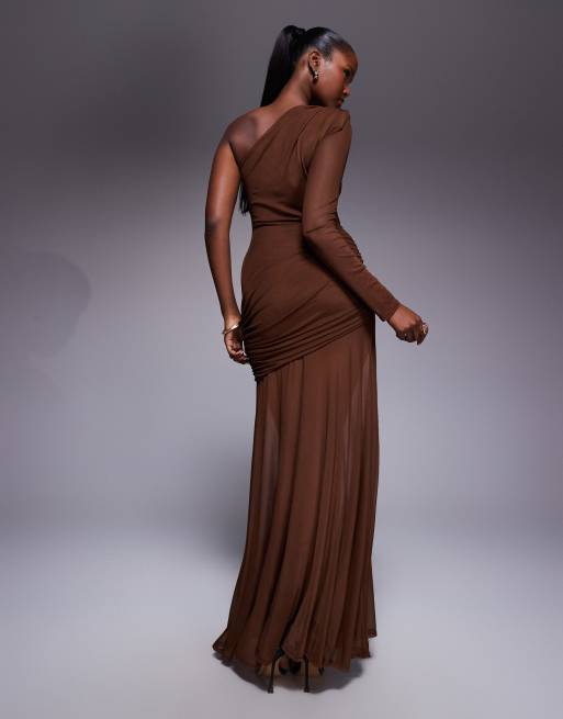 ASOS DESIGN mesh one sleeve gauged detail maxi dress with