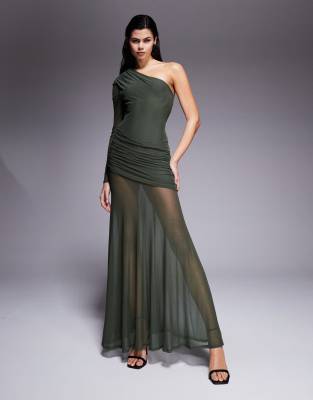 Asos Design Mesh One Sleeve Gauged Detailing Maxi Dress With Full Skirt In Green