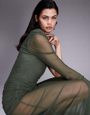 Asos Design Mesh One Sleeve Gauged Detailing Maxi Dress With Full Skirt In Green