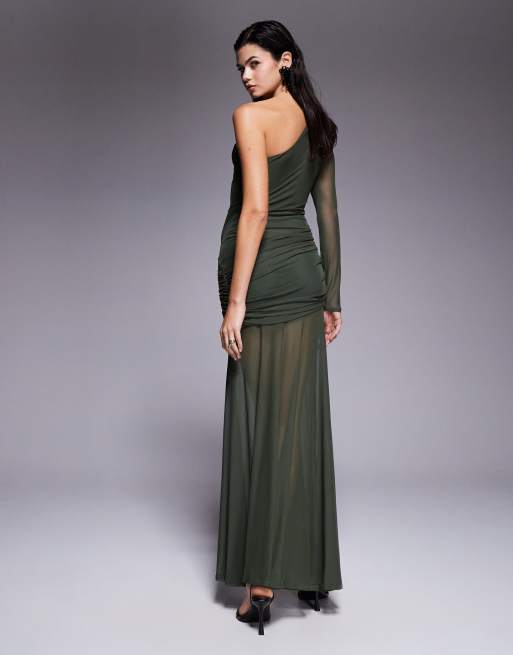 ASOS DESIGN mesh one sleeve gauged detailing maxi dress with full skirt in green