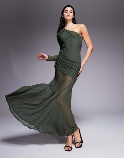ASOS DESIGN mesh one sleeve gauged detailing maxi dress with full skirt in green
