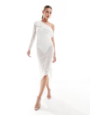 Asos Design Mesh One Sleeve Lace Frill Maxi Dress In White
