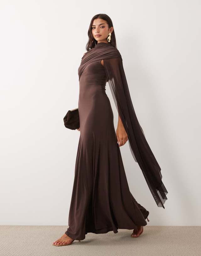 ASOS DESIGN mesh overlay cape maxi dress with godets in brown