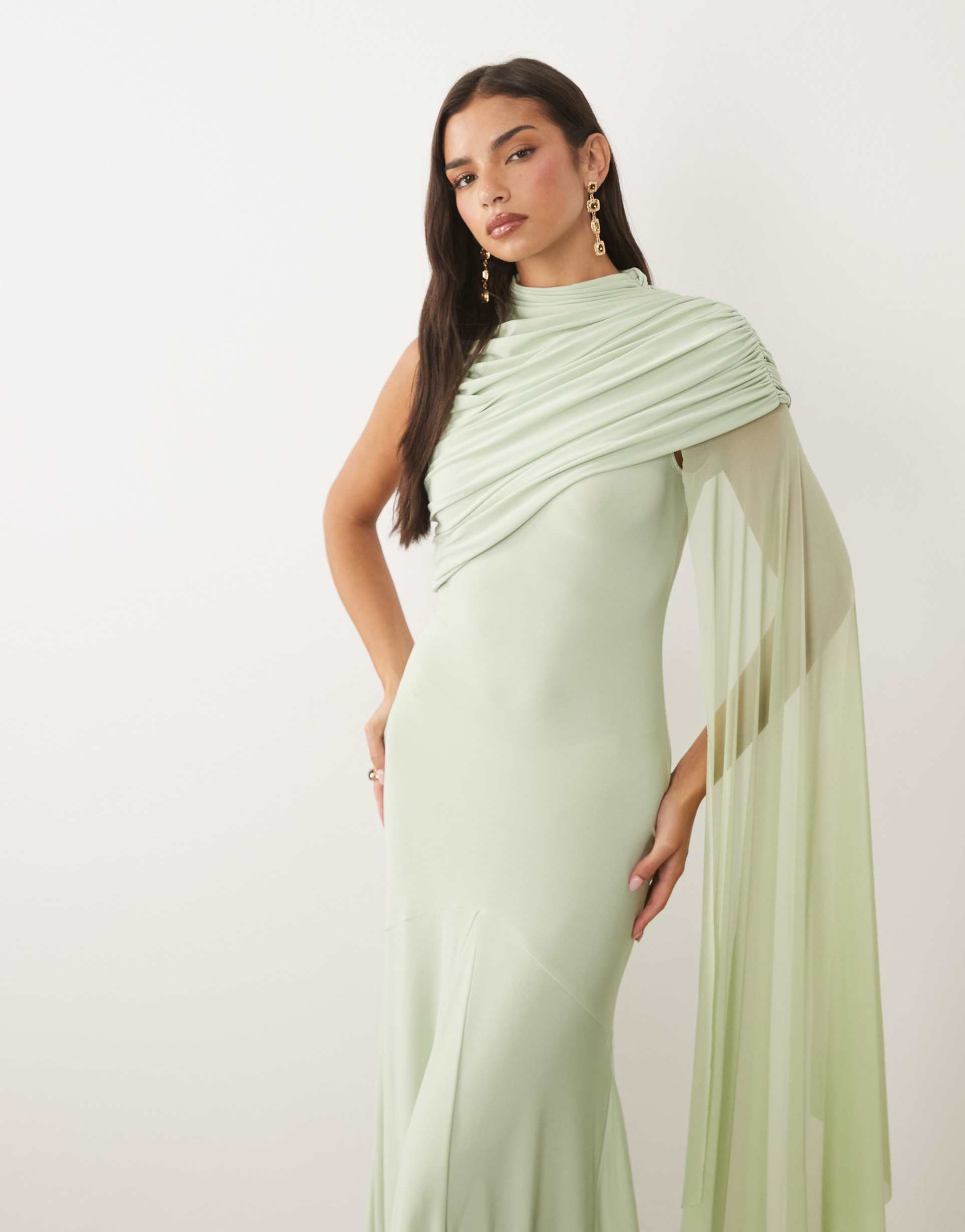 asos design mesh overlay cape maxi dress with godets in sage