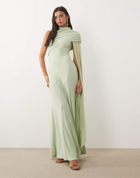 green prom dress asos ASOS DESIGN Bare Shoulder Prom Scuba Midi Dress In Forest Green