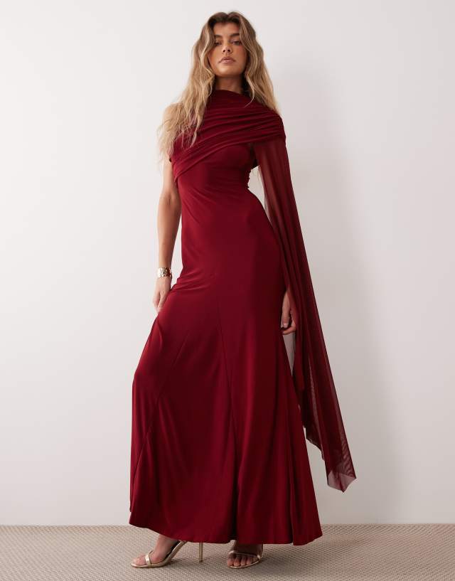 ASOS DESIGN mesh overlay cape maxi dress with godets in wine
