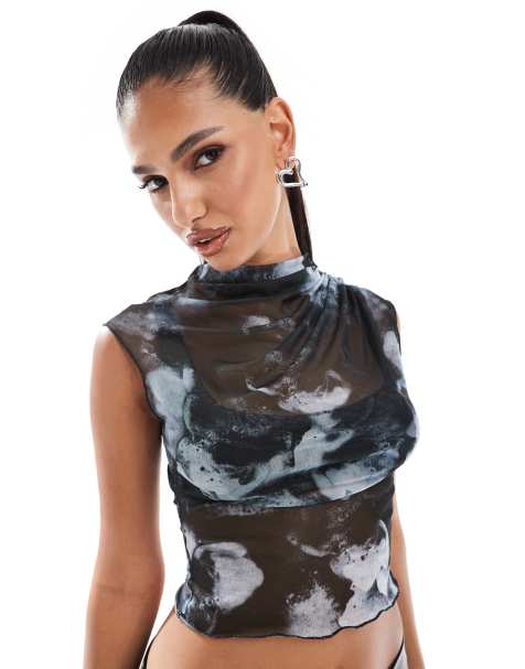 ASOS DESIGN mesh overlay top in print - view 1