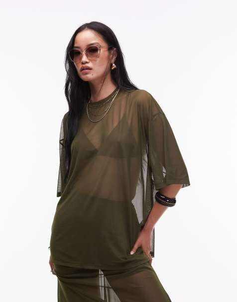 ASOS DESIGN mesh oversized longline t shirt in khaki - view 1