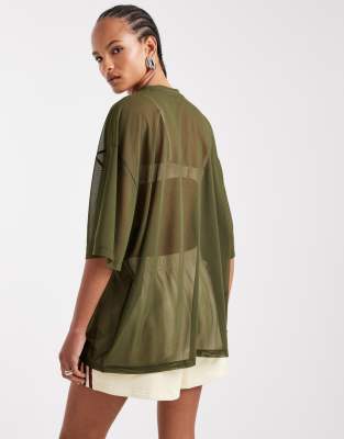 Asos Design Mesh Oversized Longline T-shirt In Green