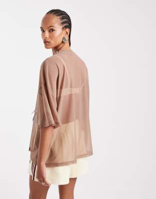 Asos Design Mesh Oversized Longline T-shirt In Brown