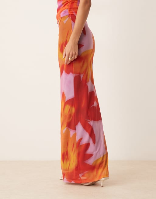 ASOS DESIGN mesh oversized tropical floral low rise skirt co ord in orange, 4 of 5