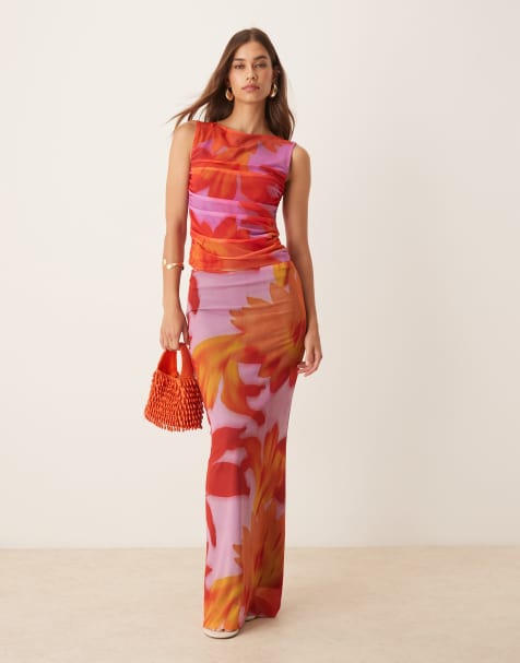 ASOS DESIGN mesh oversized tropical floral low rise skirt in orange - part of a set - view 1