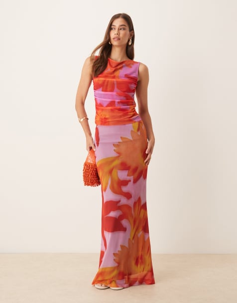 ASOS DESIGN mesh oversized tropical floral slash neck co ord top and maxi skirt in orange - view 1