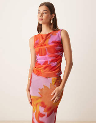 ASOS DESIGN mesh oversized tropical floral slash neck co ord top in orange - view 1