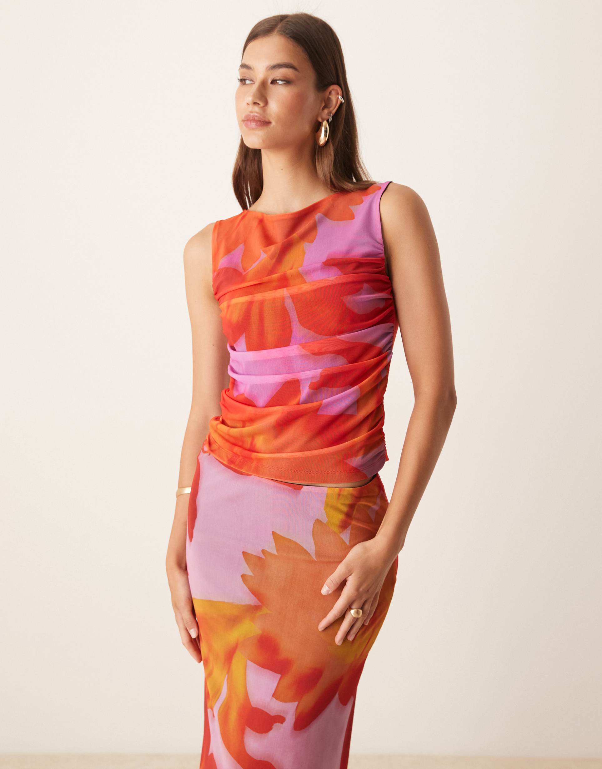 asos design mesh oversized tropical floral slash neck top in orange - part of a set