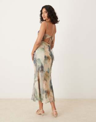 ASOS DESIGN mesh paneled chiffon bias cut midaxi dress in tonal blue watercolor print-Multi