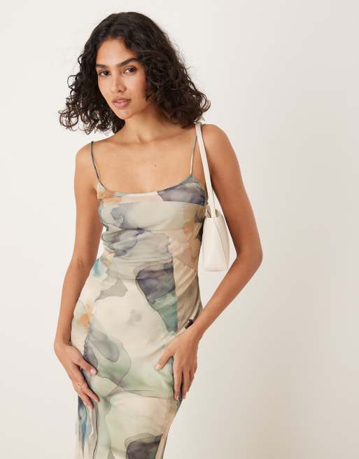 ASOS DESIGN mesh paneled chiffon bias cut midaxi dress in tonal blue watercolor print