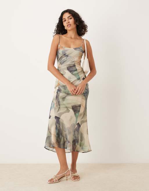 ASOS DESIGN mesh paneled chiffon bias cut midaxi dress in tonal blue watercolor print