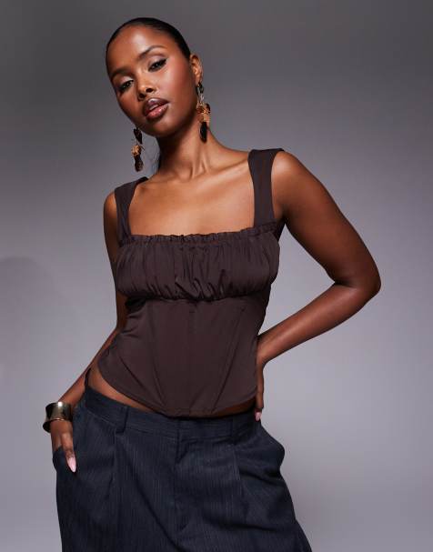 ASOS DESIGN mesh paneled corset with ruched bust in black - view 1