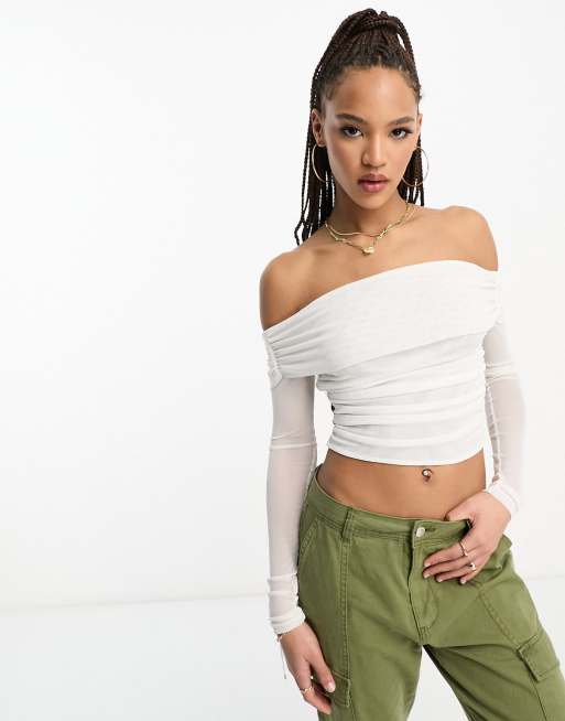 ASOS DESIGN mesh paneled off-shoulder bardot top in white