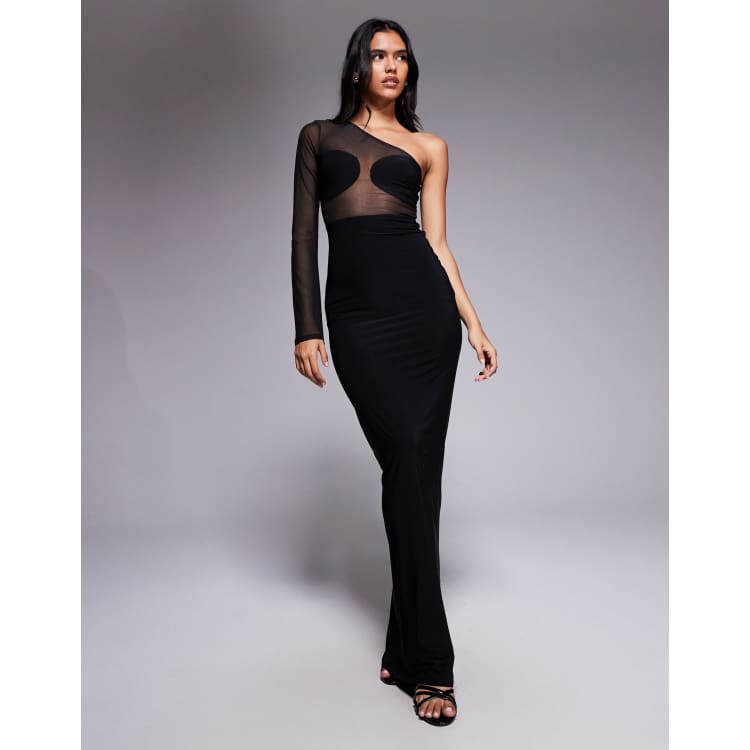 ASOS Design Mesh Paneled One Shoulder Maxi Dress in Black